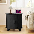 AVZEAR 24" Large Round End Table with Charging Station, Farmhouse Fluted Sofa Side Table with Sliding Tambour Door & Storage, Mid-Century Wood Nightstand for Living Room, Bedroom, Black by CozyNest Decor