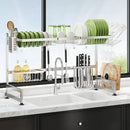 2 Tier Extra Large Stainless Steel Expandable Over The Sink Dish Drainer Drying Rack, Rust Proof Metal, Space Saving, Modern Silver Big Capacity Extendable Plate Strainers Above Kitchen Counter by CozyNest Decor