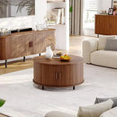 Round Coffee Table with Storage, 31.5" Modern Coffee Table with 360° Curved Sliding Door, Fluted Wood Accent Coffee Table with Adjustable Footpads, Round Center Table for Living Room, Walnut by CozyNest Decor