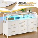 TV Stand for Bedroom with LED Lights & Charging Station, 7 Drawer with Open Shelf, Media Console for Living Room & Chest of Drawers for Closet, Entryway, Hallway, 4 Hooks, White by CozyNest Decor
