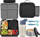 Kids Bento Lunch Box with 8oz Soup Thermo, Water Bottle, Kids Leakproof Lunch Food Containers with 4 Compartment, Insulated Hot Food Jar with Lunch Bag for School, Trvael (Black) by TinyTreasures Baby Boutique