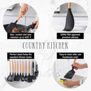 Country Kitchen Non Stick Silicone Utensil Set with Rounded Wood Handles for Cooking and Baking, 38 Piece Set, Black by CozyNest Decor