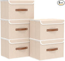 Yawinhe Collapsible Storage Boxes, Linen Fabric Baskets, Bin with lid and Leather Handle, Washable, for Home, Closet, Beige, 17.7''Lx11.8''Wx11.8''H, 5-Pack, USNK024BEX-5 by TinyTreasures Baby Boutique