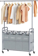 Tajsoon Laundry Sorter with Hanging Bar, 4 Section Rolling Laundry Hamper with Heavy Duty Lockable Wheels, Laundry Sorter Cart for Bathroom & Bedroom, Gray by CozyNest Decor