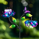 50'' Solar Powered Kinetic Wind Spinner Sculpture Blue Lotus Metal Stake Spinner for Patio, Lawn and Garden Decor Weather Resistant Outdoor Art with Dual Lotus with Butterfly Design by CozyNest Decor