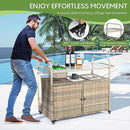 Wicker Outdoor Bar Cart with Ice Bucket, Patio Bar Table with 2 Ratten Doors Cabinet and Casters for Grill, Kitchen and Garden,Beige by CozyNest Decor