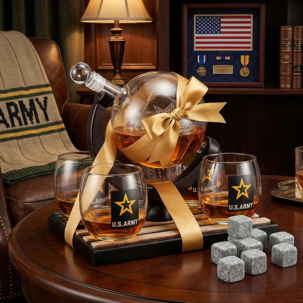 Army Globe Whiskey Decanter Set & 4 Liquor Glasses, photo 2 of 8