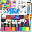 Professional Face Painting Kit for Kids – 42 Color Water Activated Facepaint Makeup Kit, Non-Toxic face Paint with Stencils, Gems, Brushes– for Halloween, Parties, Carnival, School Event & Festivals by TinyTreasures Baby Boutique