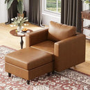 Faux Leather Single Sofa with Storage Ottoman, Modern Accent Chair Deep Seat Large Reading Armchair, Chaise Lounge Chair for Living Room Bedroom Office Brown by CozyNest Decor