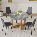 A modern and practical circular dining table. Made of MDF tabletop and wooden MDF table legs. A set of 4 cushioned chairs.