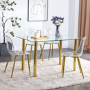 A modern minimalist style glass dining table. Transparent tempered glass tabletop with a thickness of 0.3 feet and golden metal legs. Suitable for restaurants and living rooms. 51"x31.4"x29.5"