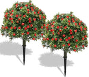 28" Artificial Boxwood Topiary Tree with Rose, Set of 2 Artificial Shrub Bushes with Ground Spike, Fake Evergreen Tree for Porch, Artificial Plants for Outdoor Planters Indoor UV Resistant by GreenHaven Gardens