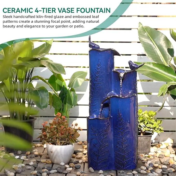 32" H Ceramic Outdoor Water Fountain with LED Lights, 4-Tier Vase Outdoor Fountain, Cobalt Blue Glaze, Embossed Fern Pattern, Cascading Waterfall for Tranquil Garden, Patio, or Porch, photo 4 of 7