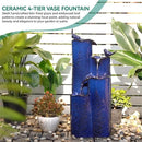 32" H Ceramic Outdoor Water Fountain with LED Lights, 4-Tier Vase Outdoor Fountain, Cobalt Blue Glaze, Embossed Fern Pattern, Cascading Waterfall for Tranquil Garden, Patio, or Porch by GreenHaven Gardens