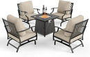 Patio Furniture Set with Fire Pit Table, 5 Pcs Metal Outdoor Conversation Set, 4 Rocking Chairs with 5.75" Extra Thick Cushion and 28" Fire Pit Table for Backyard Deck, Beige by GreenHaven Gardens