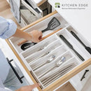Premium Silverware, Flatware and Utensil Organizer for Kitchen Drawers, Food-Safe Contract Grade, Expandable from 10.5 to 19 In, White Bamboo by CozyNest Decor