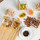 5oz Airtight Square Spice Containers with Bamboo Lid Set of 12 with Black Lables Storage Stackable Spice Jar, Kitchen Canister for Sugar, Tea, Flour, Salt and Seasonings (‎Clear Glass) by CozyNest Decor