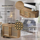 JYED Mid Century Modern TV Stand for TVs up to 75 Inch, with Hollow Metal Mesh Decorated，Boho TV Console with Storage Cabinet,Cable Holes, TV Stand for Living Room, 69.5"x15.6"x24.8", Rustic by CozyNest Decor
