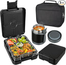 Bento Lunch Box Set With 10oz Soup Thermo, Leak-proof Lunch Containers with 4 Compartment, Kids Hot Thermo Food Jar/Insulation Lunch Bag, Food Containers for School (Black) by TinyTreasures Baby Boutique
