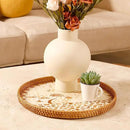 Round Rattan Tray with Mother of Pearl Inlay & Wooden Base - Decorative Wicker Serving Tray for Coffee/Bread/Fruits, Food Storage & Display - Multipurpose Home Decor (M,Island) by CozyNest Decor