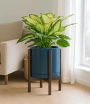 D'vine Dev Ceramic Planter with Walnut Color Stand - 12 Inch Modern Round Flower Pot with Wood Planter Holder, Teal, 55-B-W-4 by CozyNest Decor