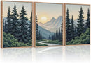 HLNIUC Mountain Forest Sun Framed Wall Art,Large Boho Pine Tree Canvas Wall Decor Set of 3(16”x24”)Ridge Mountain Landscape Picture Prints,Natural Sunset Woodland Wall Painting for Living Room,Bedroom by CozyNest Decor