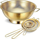Norme 5 Quart Stainless Steel Gold Colander and 3 Pcs Gold Fine Mesh Strainer, Stainless Steel Pasta Rice Food Metal Strainer with Handles, Easy Clean and Dishwasher Safe by CozyNest Decor