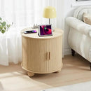 Farmhouse Round End Table with Charging Station, 24" Large Fluted Sofa Side Table with Sliding Tambour Door & Storage, Mid-Century Wood Nightstand for Living Room, Bedroom (Natural) by CozyNest Decor