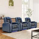 ANJ Power Home Theater Seating Set of 3, Blue Faux Leather Electric Recliner Chair with Powered Headrest, Dual Motors Movie Reclining Chairs with LED Lights,USB Port,Cup Holders, Hidden Arm Storage by CozyNest Decor
