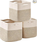 11 Inch Cube Storage Bins, Organizer Woven Cotton Rope Square Baskets for Organizing Shelves, Toys, Nursery, Off White & Brown (Pack of 3) by CozyNest Decor