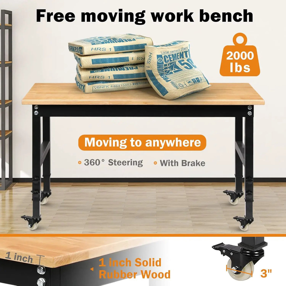 48" Heavy-Duty Adjustable Workbench for Garage, Rubber Wood Shop Table W/Metal Wheels, Hardwood Workstation Weight Capacity Over 2000 Lbs with Wheels, photo 4 of 6
