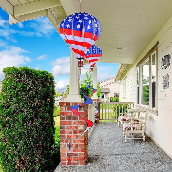 BATTIFE 2Pcs Patriotic Hot Air Balloon Wind Spinner, American Flag Kinetic Wind Twister with Tail, Outdoor Spiral Windmill Garden Yard, 4th of July Hanging Decoration, photo 8 of 9