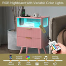 Pink Nightstand with Charging Station and LED Lights,Modern Bedside Table with 2 Storage Drawer and Open Wood Shelf, for Bedroom and Small Spaces,Night Stand with Solid Wood Legs,Pink by CozyNest Decor