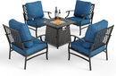 Patio Furniture Set with Fire Pit Table, 5 Pcs Metal Outdoor Conversation Set, 4 Single Chairs with 5.75" Extra Thick Cushion and 28" Fire Pit Table for Backyard Deck, Green Blue by GreenHaven Gardens