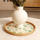 Round Rattan Tray with Mother of Pearl Inlay & Wooden Base - Decorative Wicker Serving Tray for Coffee/Bread/Fruits, Food Storage & Display - Multipurpose Home Decor (M,Four-Leaf Clover) by CozyNest Decor