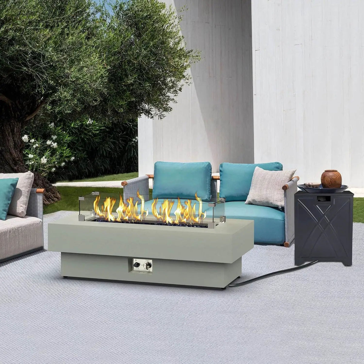 48-inch Fire Table with 20lb Propane Tank Cover & Wind Glass Shield, 50,000BTU Outdoor Modern Patio Fire Pit Table w/Rectangular Burner Lid, Glass Rocks, Pre-Attached 10ft External Gas Hose, photo 2 of 5