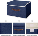 ANMINY Storage Bin with Lid Storage Boxes with PU Leather Handles PP Plastic Board Decorative Foldable Lidded Cotton Linen Fabric Home Cubes Baskets Closet Organizer Container - Blue, Large Size by CozyNest Decor