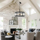 23.6" Large Farmhouse Drum Black Chandelier, 6-Light Vintage Round Glass Chandeliers for Dining Room, Industrial Light Fixture for Kitchen Living Room Stairwell, Clear Waterglass Drum Shade by CozyNest Decor