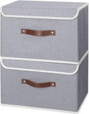 ANMINY 4PCS Storage Bins with Lid PU Leather Handles Storage Boxes PP Plastic Board Decorative Foldable Lidded Cotton Linen Fabric Home Cubes Baskets Closet Organizer Containers - Gray, Large Size by CozyNest Decor