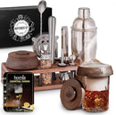 Bartender Kit with Whiskey Smoker - 13 pcs, Pine Stand - Bar Set with Cocktail Shaker, Bartending Kit with Essential Bar Accessory Tools, Wood Chips, Steel by CozyNest Decor