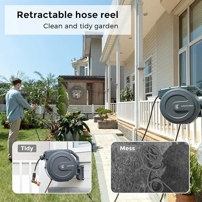 Giraffe Tools Metal Retractable Hose Reel 130 FT Wall Mounted Heavy Duty Hose Reel with 9 Pattern Nozzle 180 Deg Swivel, Metal Bracket Any Length Lock (1/2 130FT PRO, Dark Grey), photo 2 of 7