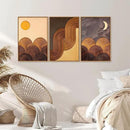 Tinonedraw Boho Mountain Framed Canvas Wall Art Set, Mid Century Modern Geometric Line Wall Decor, Bohemian Sun and Moon Art Paintings, Beige Brown Wooden Artwork for Living Room Bedroom Office 16"x24"x3 by CozyNest Decor