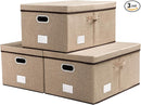 PRANDOM Storage Bins with Lids [3-Pack] Jute Fabric Foldable Storage Boxes Organizer Containers Baskets Cube with Cover for Home Bedroom Closet Office Nursery khaki（23.4X15.9X11.5 by TinyTreasures Baby Boutique