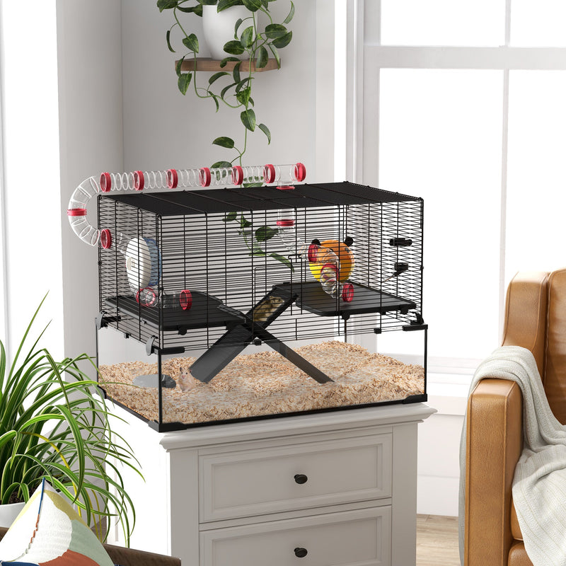 31" Extra Large Hamster Cage with Tube Tunnel, Small Animal Cage for Dwarf Hamster, Rat, Gerbil Cage with Deep Glass Bottom, Water Bottle, Food Dish, Exercise Wheel, Ramps