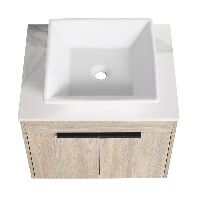 24" Modern Design Float Bathroom Vanity With Ceramic Basin Set, Wall Mounted White Oak Vanity With Soft Close Door, KD-PackingD-Packing Pieces