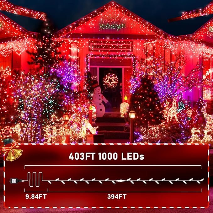 KNONEW 403ft 1000 LED String Lights Outdoor Christmas Lights 8 Modes & Timer Fairy Light Plug in Waterproof LED String Lights for Xmas Yard Tree Wedding Party Holiday Decorations (Red), photo 4 of 9