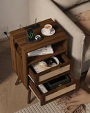 Rattan Nightstand with Charging Station,Modern Bedside Table with 2 Storage Drawer and Open Wood Shelf, for Bedroom and Small Spaces,Night Stand with Solid Wood Legs (Walnut Brown) by CozyNest Decor