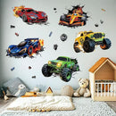 3D Racing Cars Wall Decals - Truck Bursting Through Wall, F1 Racing Cars Wall Stickers for Kids Room Boys Bedroom by CozyNest Decor