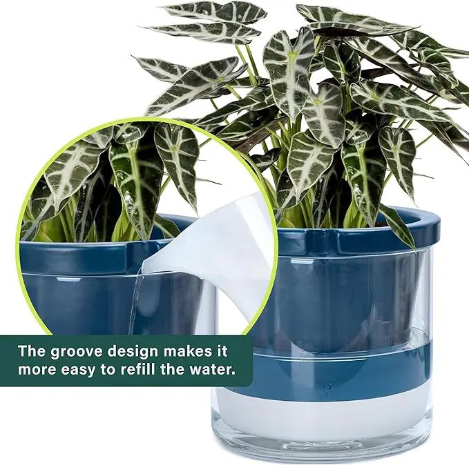 D'vine Dev 10 Inch Design Self Watering Planter for Indoor Plants, Blue Terracotta Pot with Cylinder Glass Cup, 37-X-D-4, photo 6 of 7