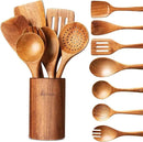 Wooden Spoons for Cooking - 8-Piece Wooden Kitchen Utensil Set made of Natural Solid Wood Material - Includes Spoons, Spatulas, Ladles, Strainer Spoon, Salad Fork, Mixing Spoon and Utensil Holder by CozyNest Decor
